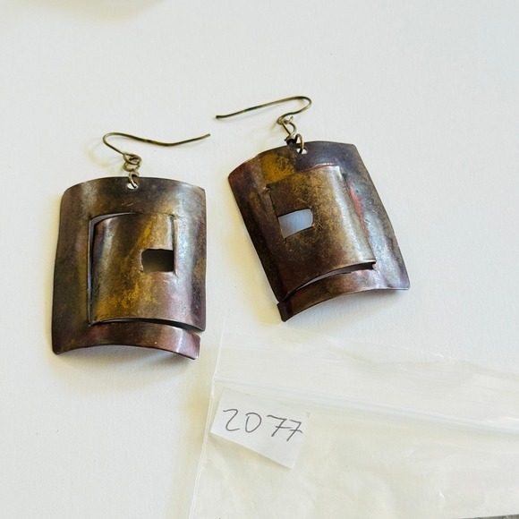 VTG Sculptural MOD earrings pierced chunky MCM brass statement dangle rare 2.5" - Picture 6 of 6